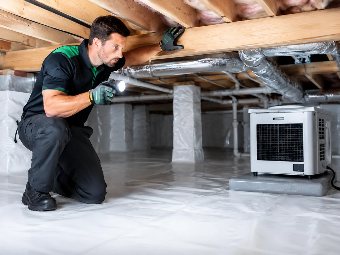 Technician inspecting crawl space moisture area